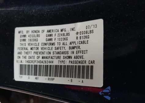 2013 Honda Accord Lx from USA, damaged, VIN 1HGCR2F34DA262444